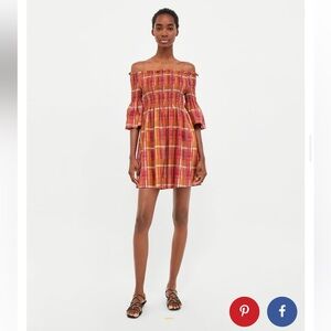 Zara smocked check Plaid Off-Shoulder Dress